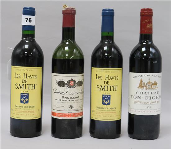 A bottle of Yon Figeac, St. Emilion, 1998, two bottles of Les Haut de Smith, 1990 and one bottle of Croiuzet Bage, 1962 (a.f.)